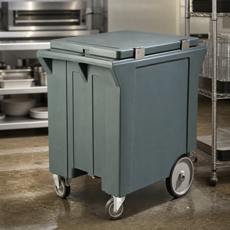 Product image #4 for Cateraide™ 200 lb. Slate Blue Insulated Mobile Ice Caddy with Removable Lid, Shelf and Front Faucet
