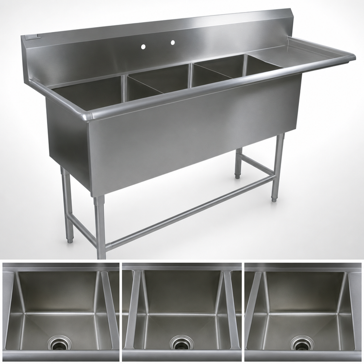 Product image #3 for John Boos Pro-Bowl 3-Compartment Sink with Right Drainboard, 18" x 18" x 12" Bowls