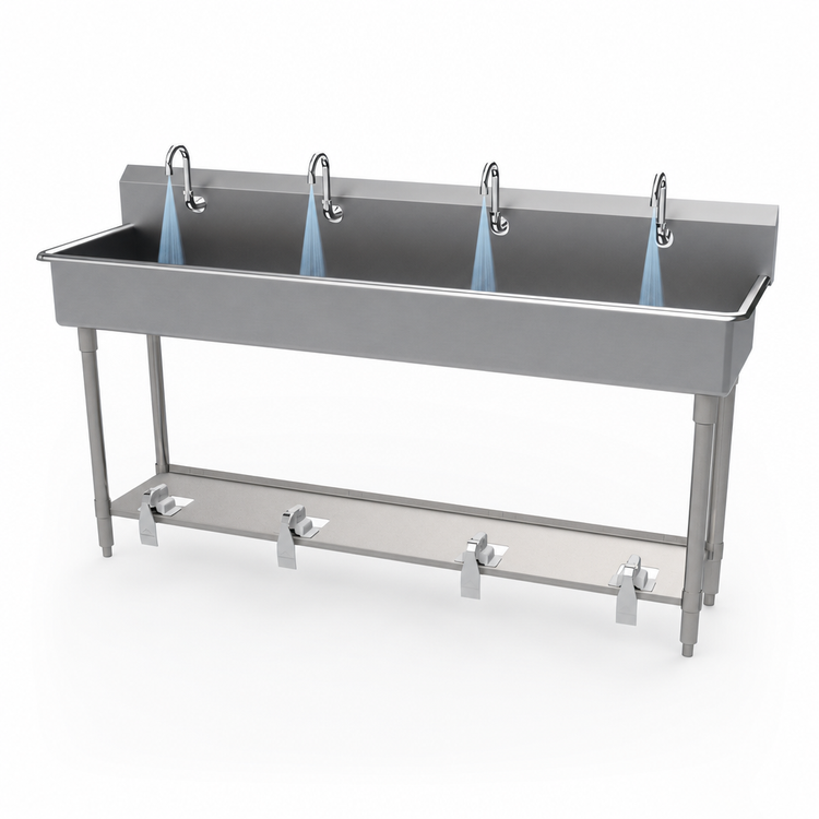Product image #3 for Advance Tabco FS-FM-80FV 4-Station Freestanding Toe-Push Hand Wash Sink, 80 Inch Wide, 14-Gauge 304 Stainless Steel