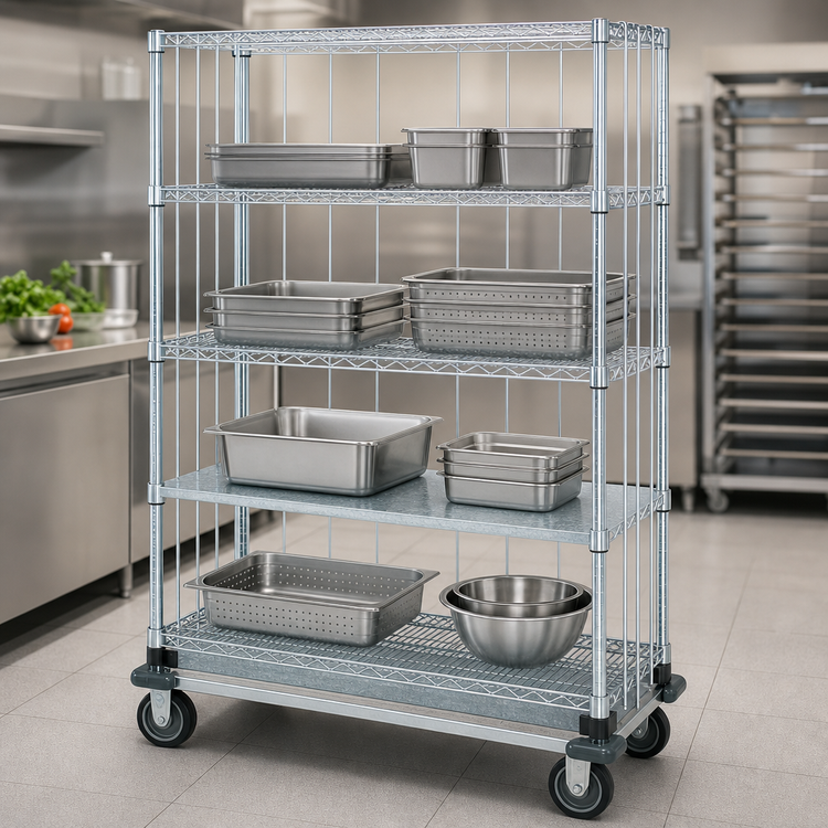 Product image #3 for Quantum Mobile Enclosure Cart with 4 Shelves, 48-Inch W x 24-Inch D x 81-Inch H, Chrome Plated Finish
