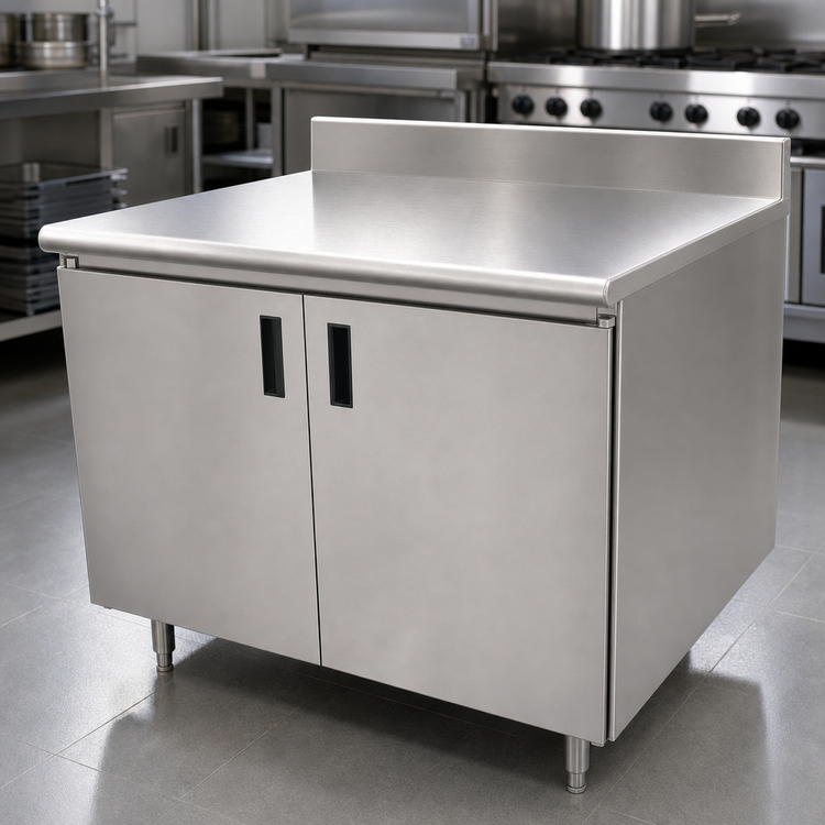 Product image #3 for Advance Tabco Enclosed Stainless Steel Work Table with Cabinet Base, Mid-Shelf, Hinged Doors, 48 x 24 Inch, 5-Inch Backsplash