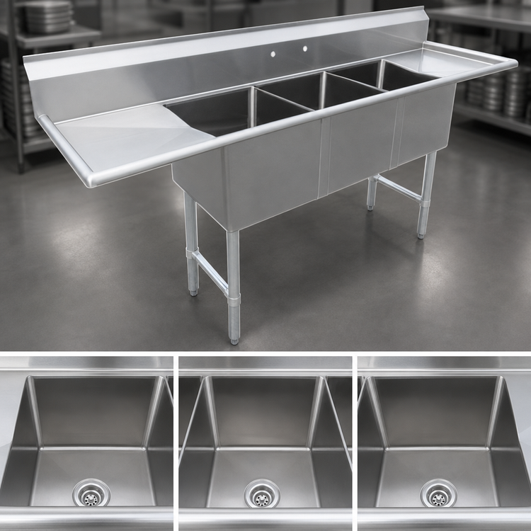 Product image #3 for Steel Works Stainless 96-Inch Three-Compartment Sink with Left and Right Drainboards