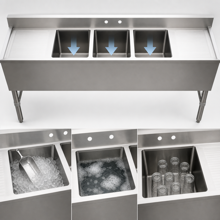 Product image #3 for Omcan 3-Compartment Underbar Sink with Left and Right Drainboards, 72 Inch Wide