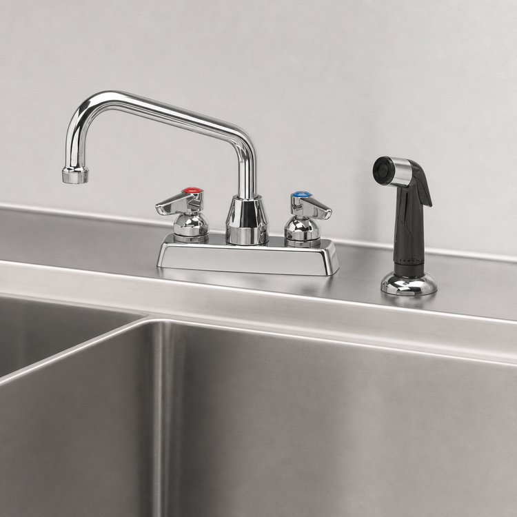 Product image #3 for Advance Tabco Deck-Mounted Manual Faucet with 4-Inch Centers, Swing Spout, and Melt-Down Spray Nozzle