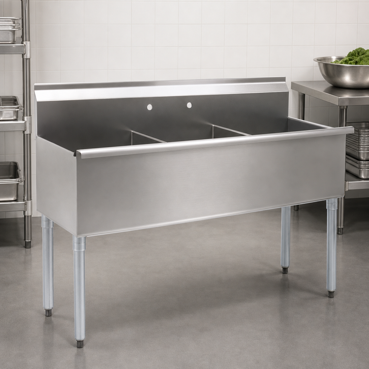 Product image #3 for Three-Compartment Utility Sink with Legs, 73-3/8 Inch W x 28 Inch D, 16 Gauge 430 Stainless Steel, No Drainboards