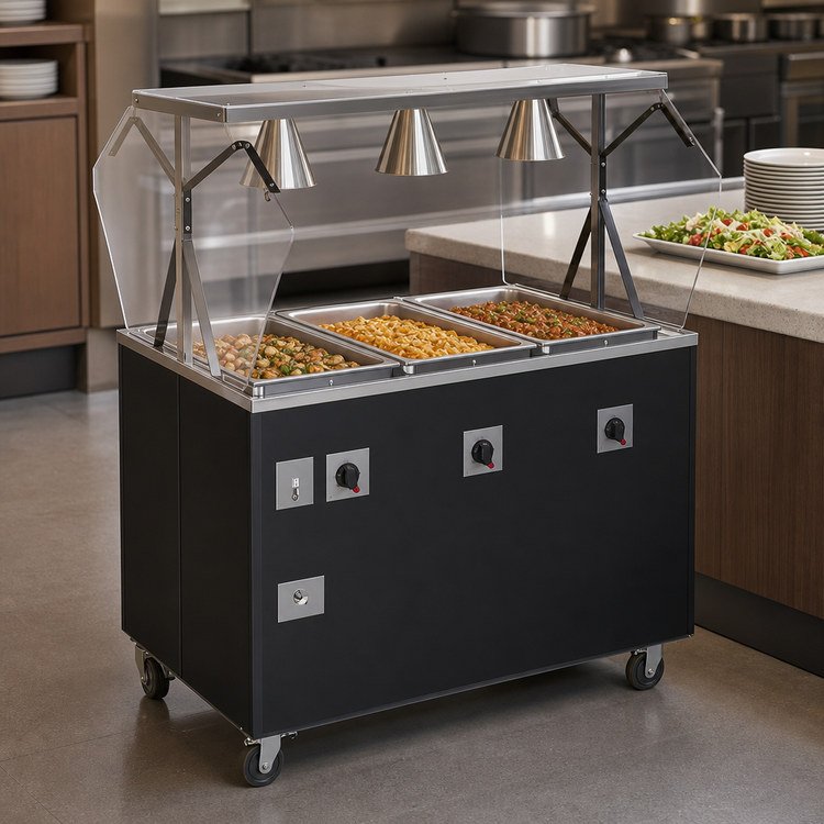 Product image #3 for Vollrath 2-Series Affordable Portable Deluxe 4-Well Mobile Hot Food Station with Buffet-Style Breath Guard and Enclosed Storage Base