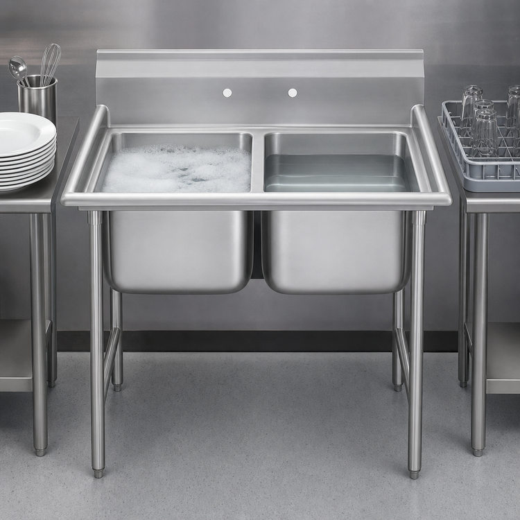 Product image #3 for Eagle Group 414 Series 41-Inch 2-Compartment Stainless Steel Sink with 9-1/2-Inch Backsplash and Legs