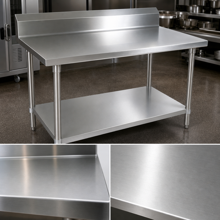 Product image #3 for John Boos Stallion 60 Inch x 30 Inch 14-Gauge 300 Series Stainless Steel Work Table with 5 Inch Backsplash, Stallion Safety Edge, and Galvanized Undershelf