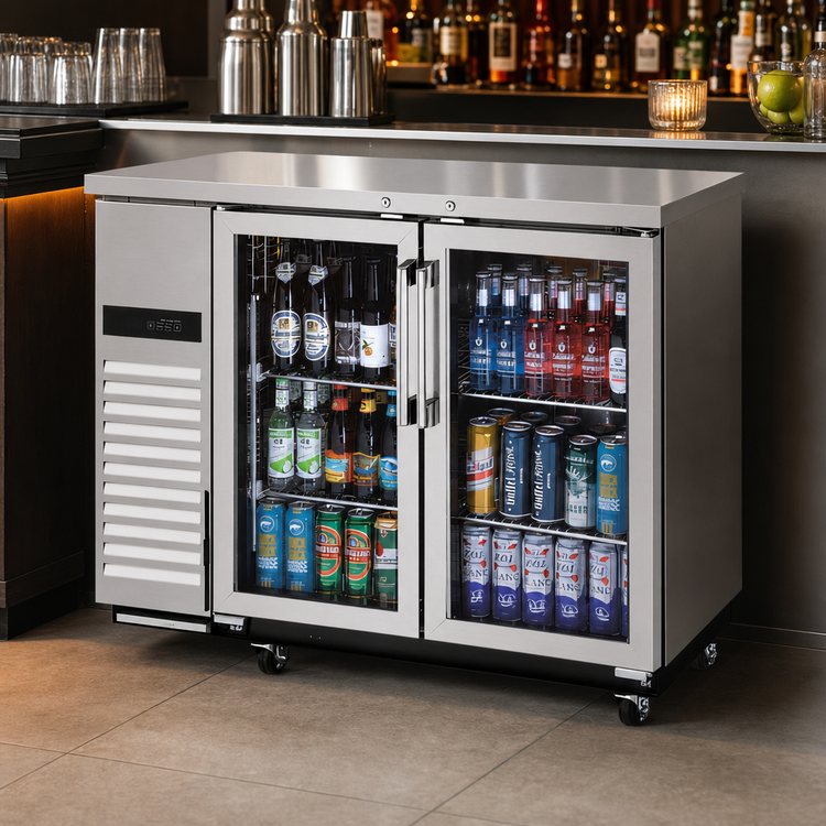 Product image #3 for Turbo Air Super Deluxe Narrow Back Bar Cooler, 2 Glass Doors, 12.2 Cu. Ft., Self-Contained Side-Mount, Stainless Steel