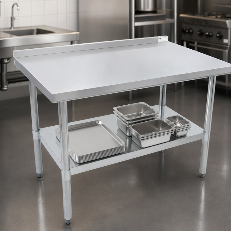 Product image #3 for Stallion Budget Stainless Steel Work Table, 60 x 30 Inches, with 1-1/2 Inch Backsplash and Undershelf