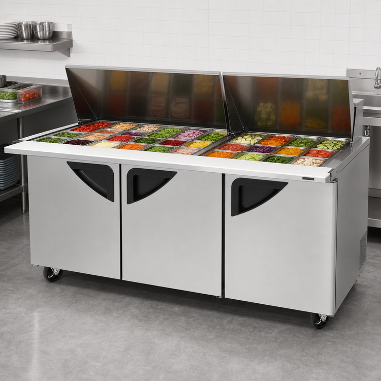 Product image #3 for Super Deluxe Three-Section Sandwich/Salad Mega Top Refrigerated Prep Table with 30-Pan Opening, 72-5/8-Inch Wide