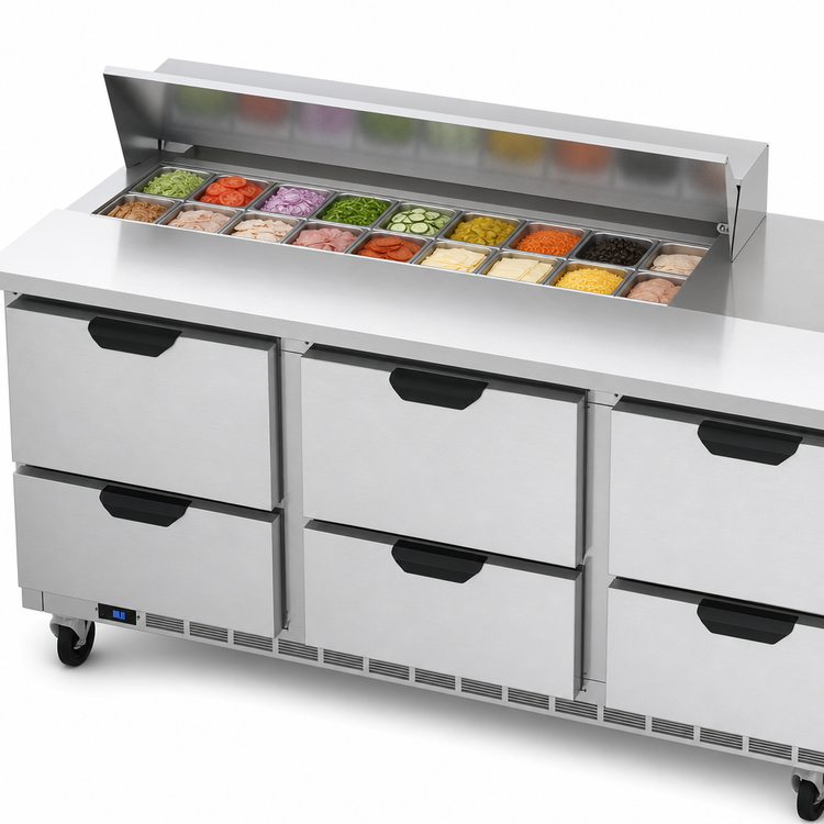 Product image #4 for Beverage-Air Three-Section Sandwich Top Refrigerated Prep Table with 6 Drawers, 72-Inch, 12-Pan Capacity