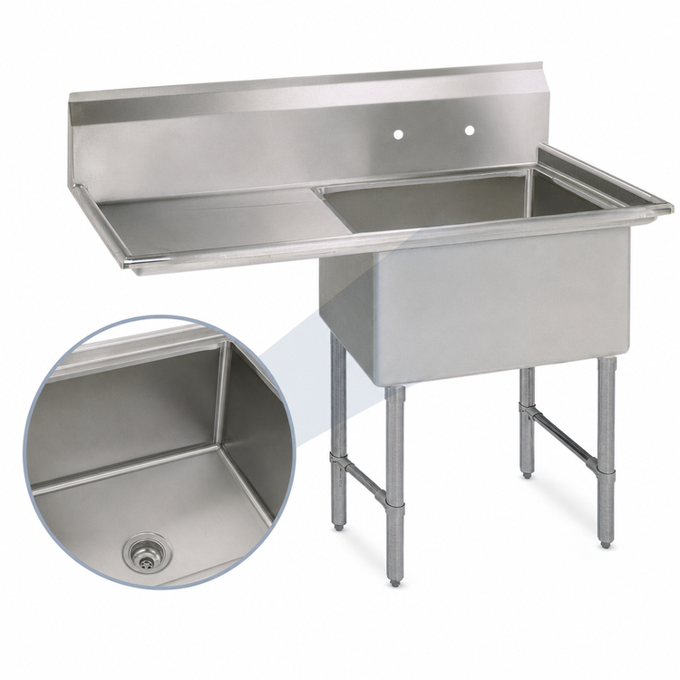 Product image #3 for BK Resources 1-Compartment Stainless Steel Sink with Left Drainboard, 38-1/2 Inch Wide