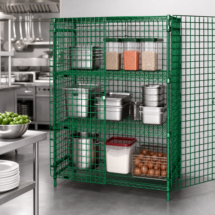 Product image #3 for Quantum 48"W x 24"D x 63"H Stationary Security Cage with 2 Intermediate Shelves, Green Epoxy Antimicrobial Finish