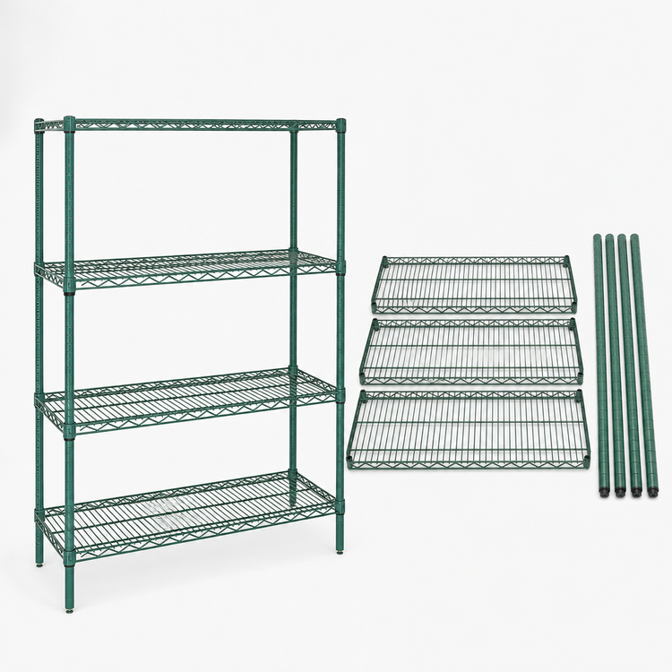 Product image #3 for Quantum Wire Shelving Starter Kit, 72W x 24D x 63H, 4-Shelf Stationary Unit, Green Epoxy Finish