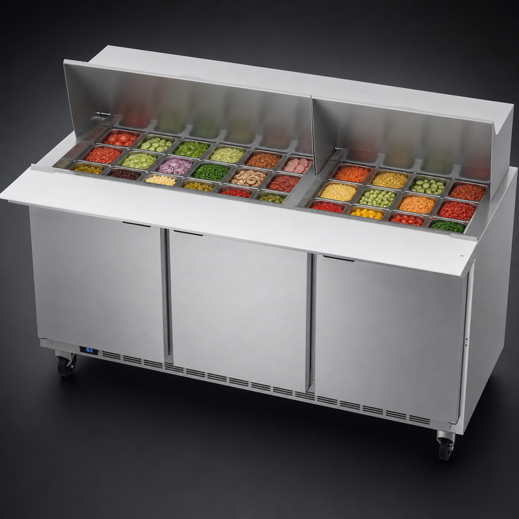 Product image #4 for Beverage-Air 72-Inch Three-Section Mega Top Refrigerated Prep Table with 30-Pan Opening