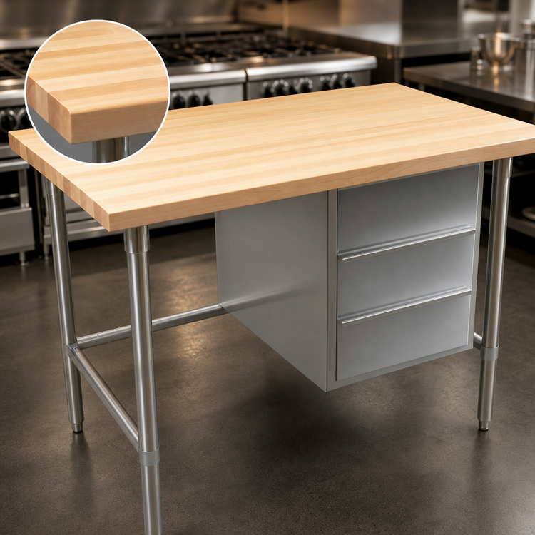 Product image #3 for John Boos 72" x 30" Northern Hard Rock Maple Wood Top Work Table with Open Cabinet Base and 3 Drawers