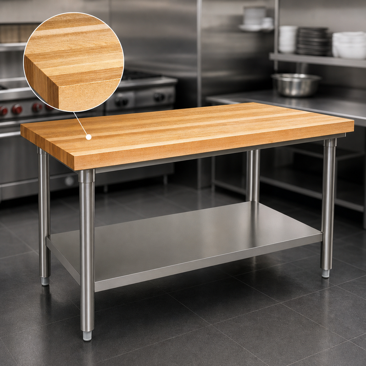 Product image #3 for John Boos 60 Inch x 36 Inch Northern Hard Rock Maple Wood Top Work Table with Stainless Steel Legs and Adjustable Undershelf