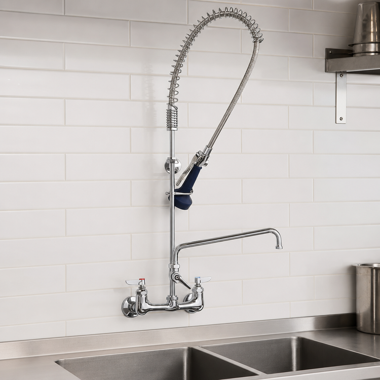 Product image #3 for T&S Brass EasyInstall 8-Inch Wall Mount Pre-Rinse Unit with Spring-Action Gooseneck, 8-Inch Add-On Faucet, and 0.65 GPM Spray Valve