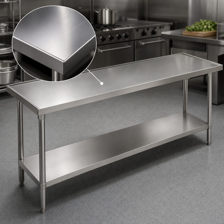 Product image #3 for Advance Tabco 144-Inch x 36-Inch 14-Gauge 304 Stainless Steel Work Table with Adjustable Undershelf and Countertop Non-Drip Edge