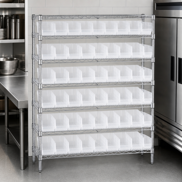 Product image #3 for Quantum 36 x 12 x 36-Inch Bin Wire Shelving System with 6 Shelves and 40 Clear Bins, Chrome Plated