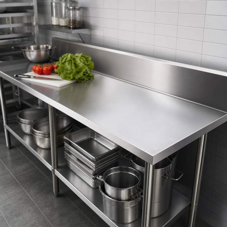 Product image #3 for Advance Tabco 84 Inch x 30 Inch 14-Gauge 304 Stainless Steel Work Table with 10-Inch Backsplash and Adjustable Undershelf
