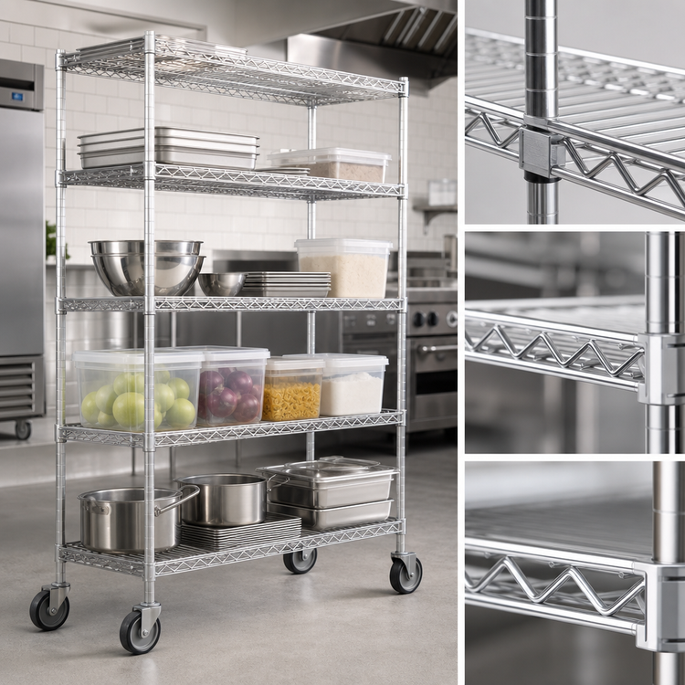 Product image #3 for Eagle Group 4-Tier 36-Inch W x 21-Inch D Chrome Wire Dolly Truck with 5-Inch Poly Swivel Casters