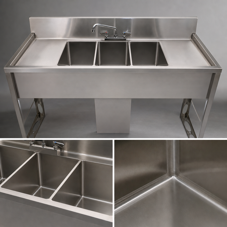 Product image #4 for BK Resources Three-Compartment Underbar Slimline Sink with Dual Drainboards, 84 Inch Wide