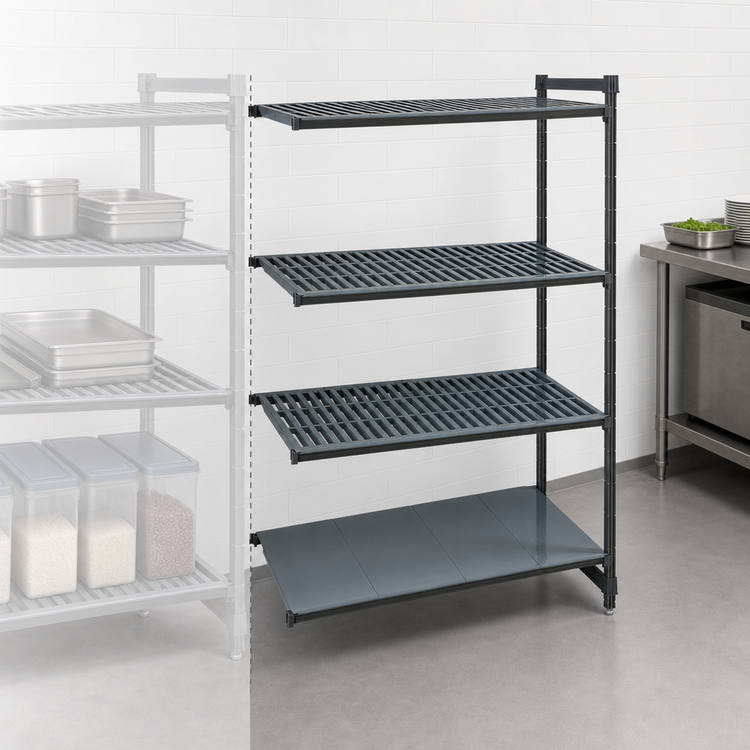 Product image #3 for Cambro Camshelving Basics Plus Stationary Add-On Polymer Shelving Unit, 24-Inch Deep x 60-Inch Long x 84-Inch High, 4-Tier, 3 Vented + 1 Solid, Brushed Graphite