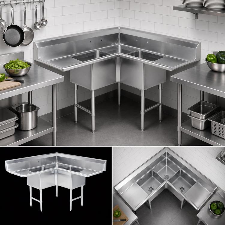 Product image #3 for Steel Works Stainless 3-Compartment Corner Sink with Left and Right 18-Inch Drainboards