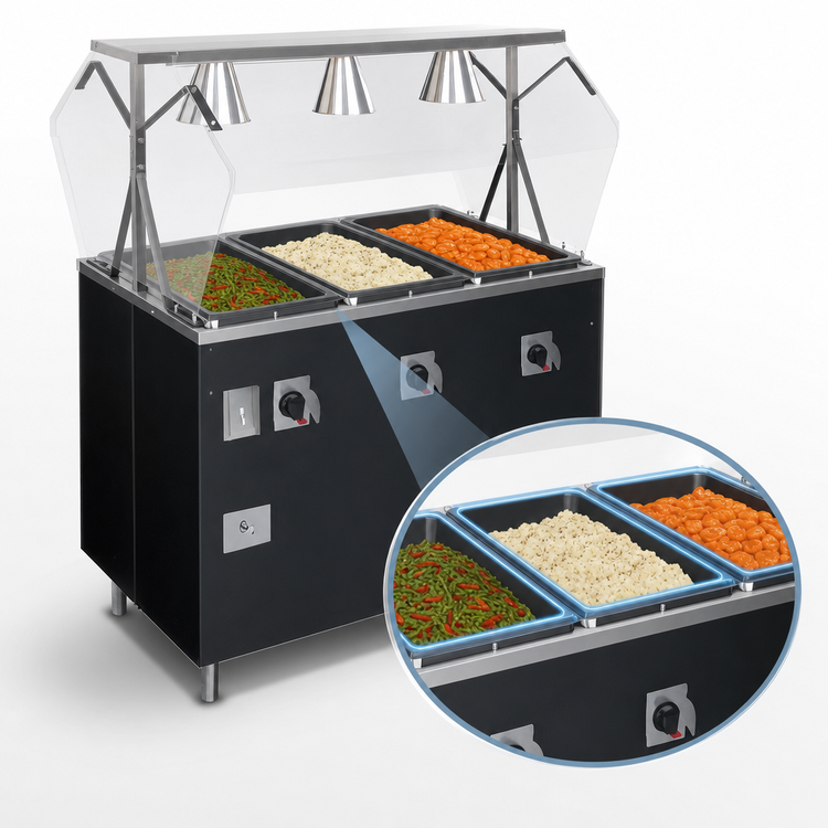 Product image #3 for Vollrath 2-Series Affordable Portable Deluxe 3-Well Mobile Hot Food Station with Buffet-Style Breath Guard