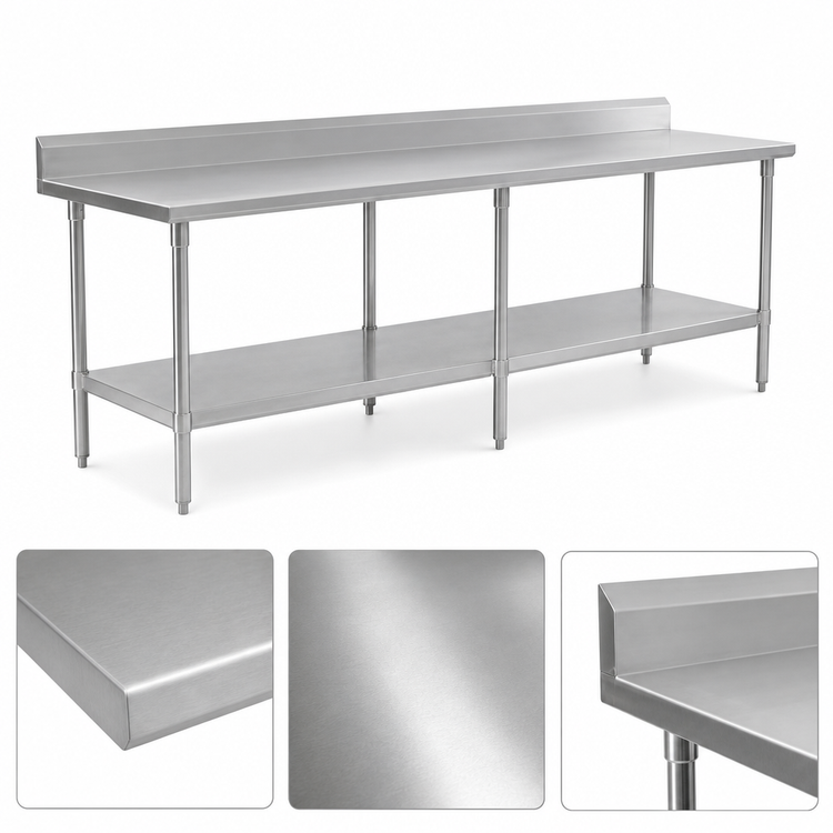 Product image #3 for John Boos Stallion 120-Inch x 30-Inch Stainless Steel Work Table with 16-Gauge Top, 5-Inch Backsplash, and Adjustable Undershelf
