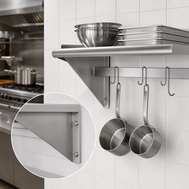 Product image #3 for Advance Tabco Special Value Series 48 Inch Wall-Mounted Stainless Steel Shelf with Pot Rack