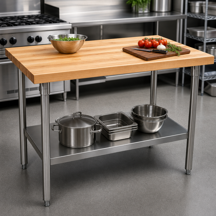 Product image #3 for John Boos 36 Inch x 36 Inch Wood Top Work Table with Stainless Steel Legs and Adjustable Undershelf