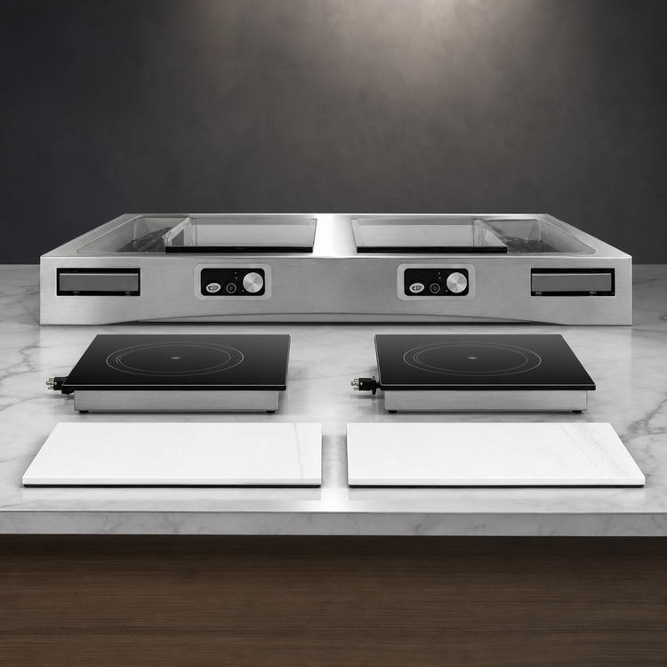 Product image #3 for TableCraft Double Induction Countertop Station Kit with Cooling Plates, Brushed Finish, Translucent Clear Duracoat