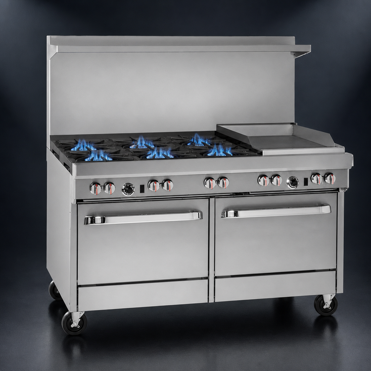 Product image #3 for Southbend S-Series 60-Inch Gas Restaurant Range with 6 Open Burners, Right-Side 24-Inch Raised Griddle/Broiler, and 2 Standard Ovens