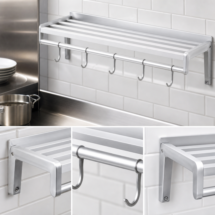 Product image #3 for Channel Wall-Mounted Tubular Aluminum Shelf with Pot Hook Bar and 5 Hooks, 48 x 12 Inches