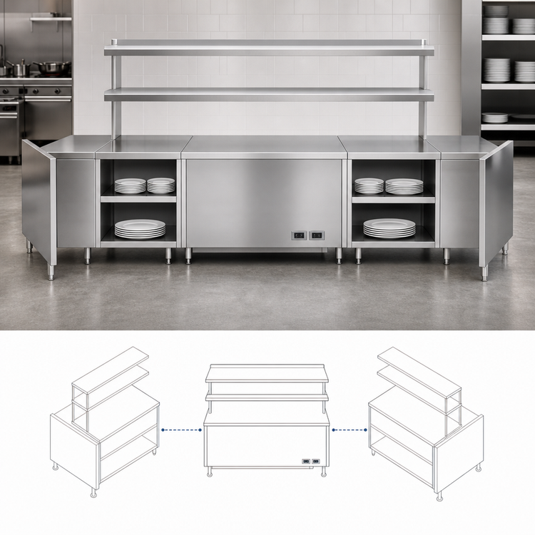 Product image #3 for Randell Modular Center-Section Chef Service Counter with Plate Storage Cabinet, Double Overshelf, and Wing Wall, 65-1/2 Inch, Stainless Steel