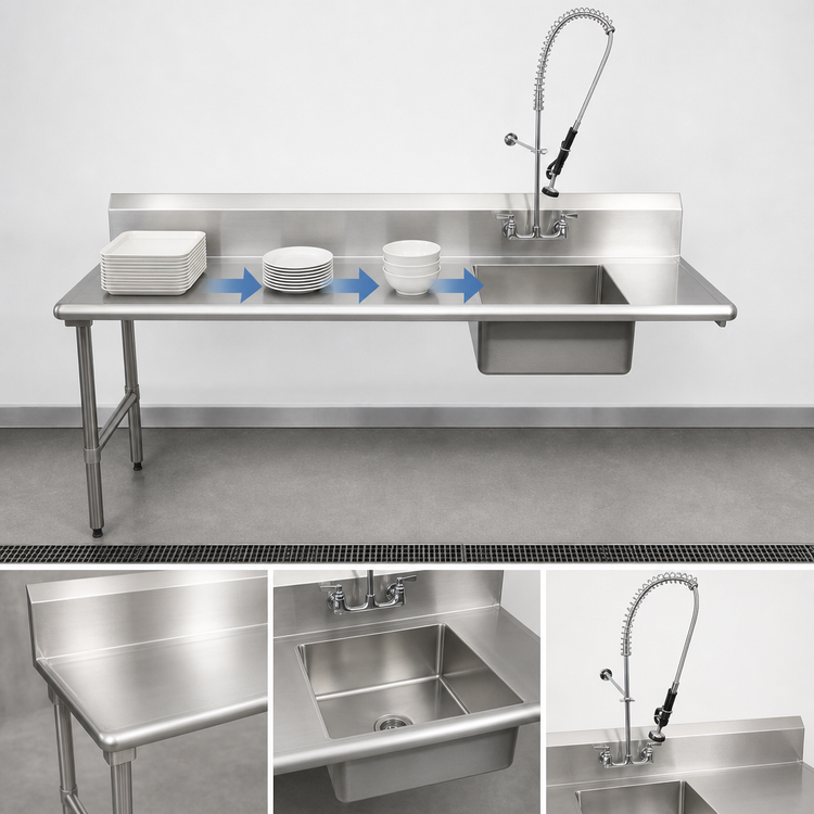 Product image #3 for BK Resources 60-Inch Straight Soiled Dishtable with 20" x 20" x 8" Pre-Rinse Sink, Left-to-Right, Stainless Steel