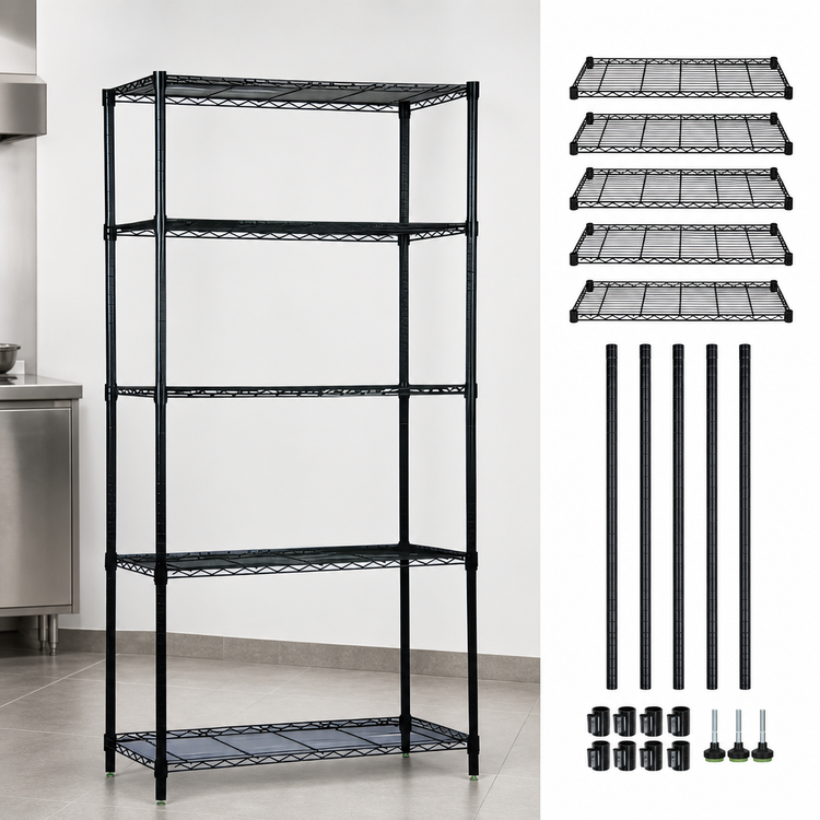 Product image #3 for Quantum Stationary Wire Shelving Starter Kit, 60"W x 36"D x 74"H, 5 Shelves, Black Epoxy Finish