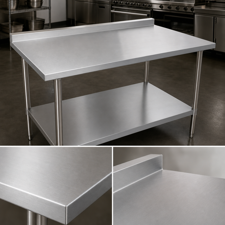 Product image #3 for John Boos Stallion 120" x 36" 16-Gauge 300 Series Stainless Steel Work Table with 1-1/2" Rear Up-Turn
