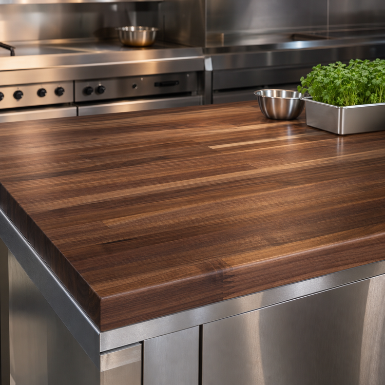 Product image #3 for Boos Block American Black Walnut Blended Rails Edge Grain Kitchen Countertop, 120 x 38 x 1-1/2 Inch, Varnique Finish