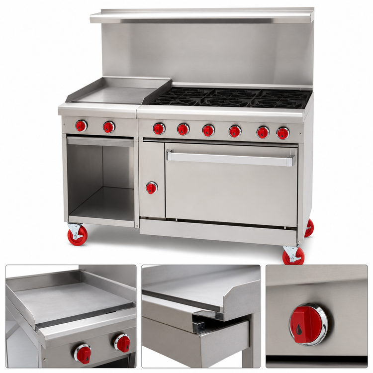 Product image #3 for American Range 48-Inch Gas Restaurant Range with 12-Inch Griddle, 6 Open Burners, 26-1/2-Inch Convection Oven, and Storage Base