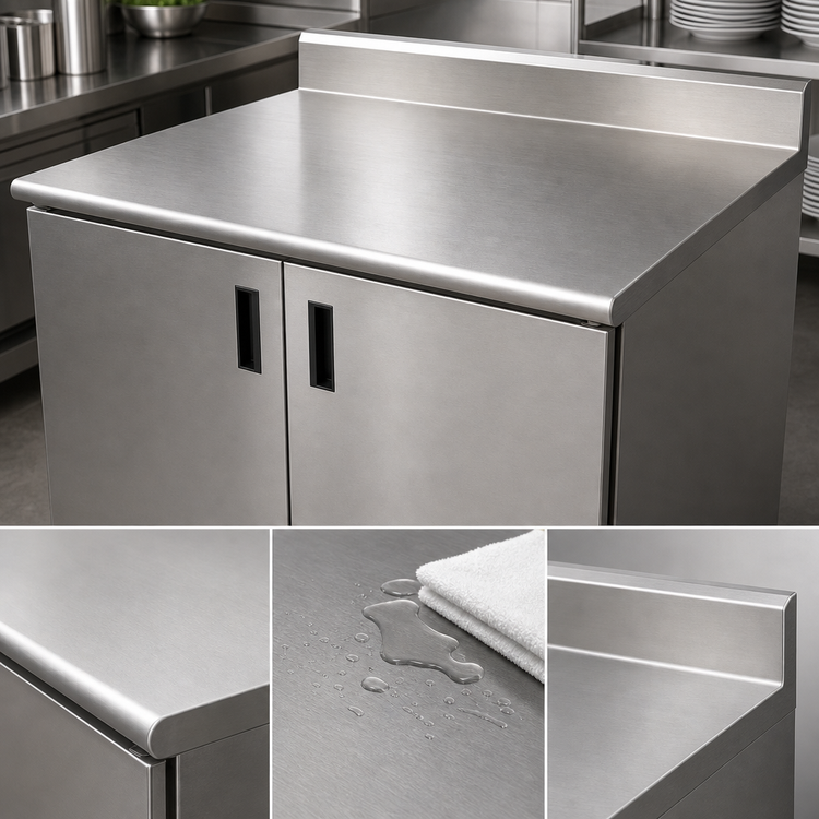 Product image #3 for Advance Tabco Special Value Series 72"W x 30"D Enclosed Work Table with Cabinet Base, Mid-Shelf, Hinged Doors, 16-Gauge 304 Stainless Steel Top, and 5" Backsplash