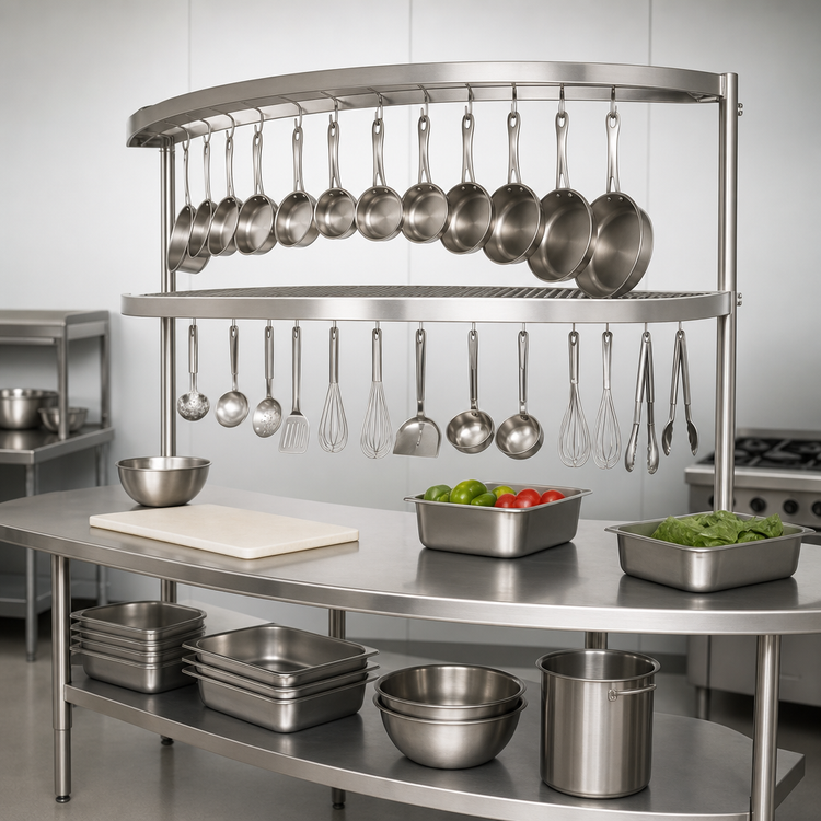 Product image #3 for Advance Tabco SWT-132 Semi-Circular Table-Mounted Pot Rack with Utensil Rack, 132 Inch Stainless Steel