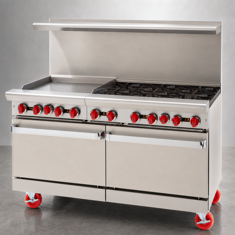Product image #3 for American Range 60-Inch Commercial Gas Range with 24-Inch Griddle, Six Open Burners, Standard Oven, and Storage Base