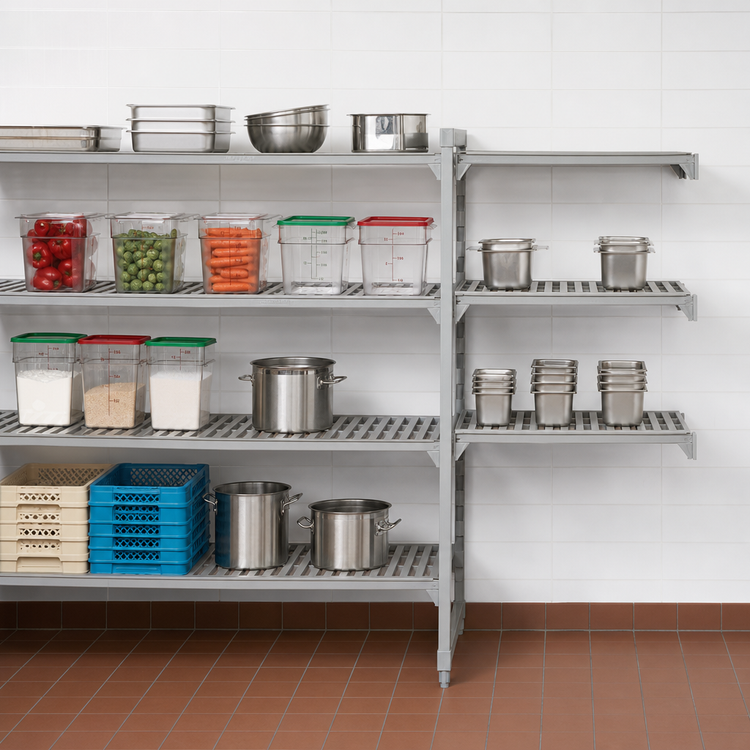 Product image #4 for Cambro Camshelving Premium 24" D x 72" L x 84" H 4-Shelf Vented and Solid Add-On Polymer Shelving Unit, Speckled Gray