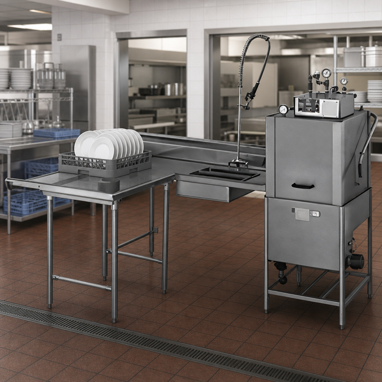 Product image #3 for Eagle Group Island Soiled Dishtable with Dish Landing Shelf and Pre-Rinse Sink, 66-Inch Machine-to-Corner / 60-Inch Corner-to-End, Right-to-Left Operation