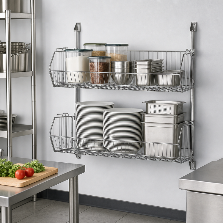 Product image #3 for Quantum 48"W x 20"D x 34"H Cantilever Basket Wall Mount Rack with 2 Wire Baskets