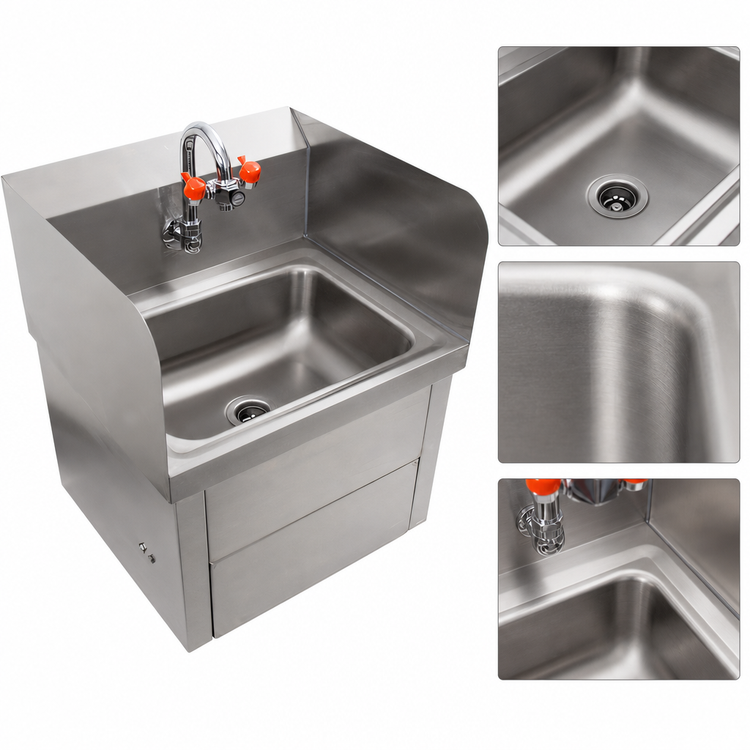 Product image #4 for John Boos Wall-Mounted Stainless Steel Hand Sink with Eye Wash and Knee-Activated Faucet, 14 x 10 x 5 Bowl